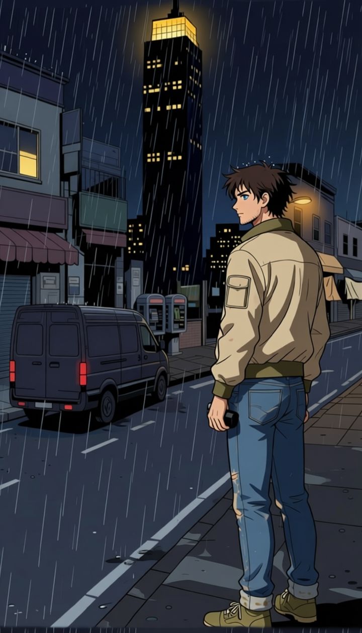 Sandman on a rain-soaked street at night, a tower behind him