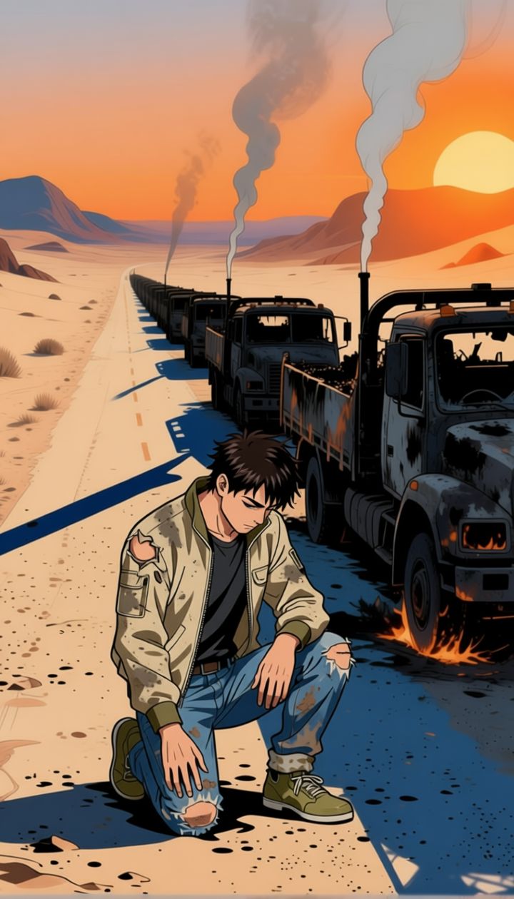 Sandman kneeling beside a burned-out convoy at dawn