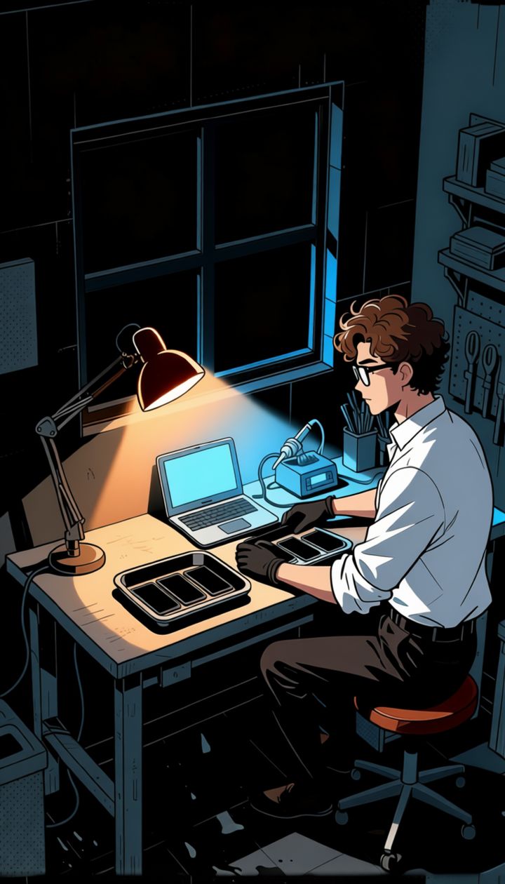 A man in glasses at a workbench, lit by a laptop screen