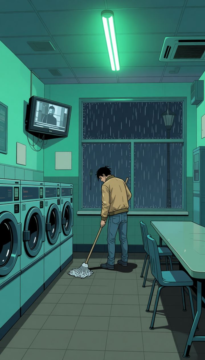 Sandman mopping an empty laundromat at 3 a.m.