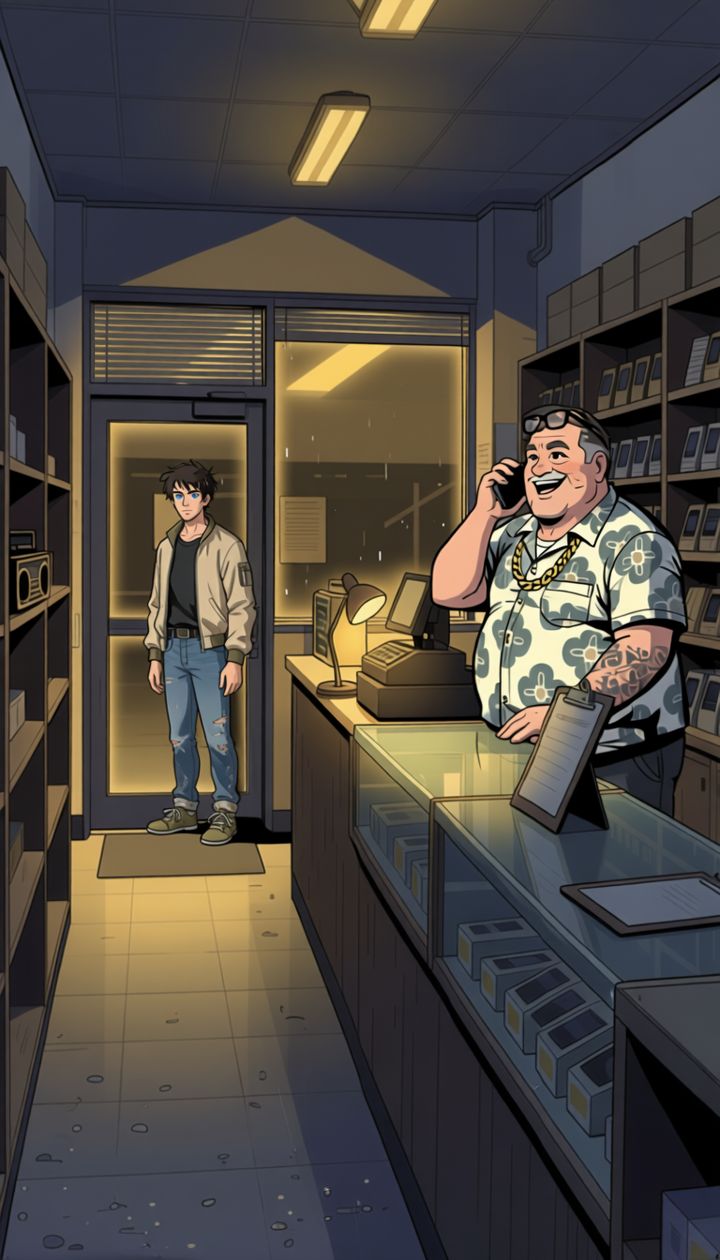Benny Oroz laughing on the phone behind his shop counter
