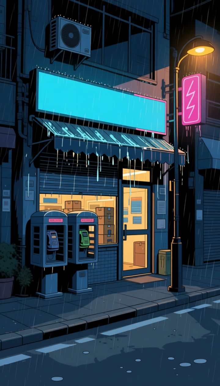 An electronics storefront at night in the rain, neon sign glowing
